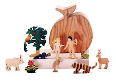 wooden apple box with adam and eve